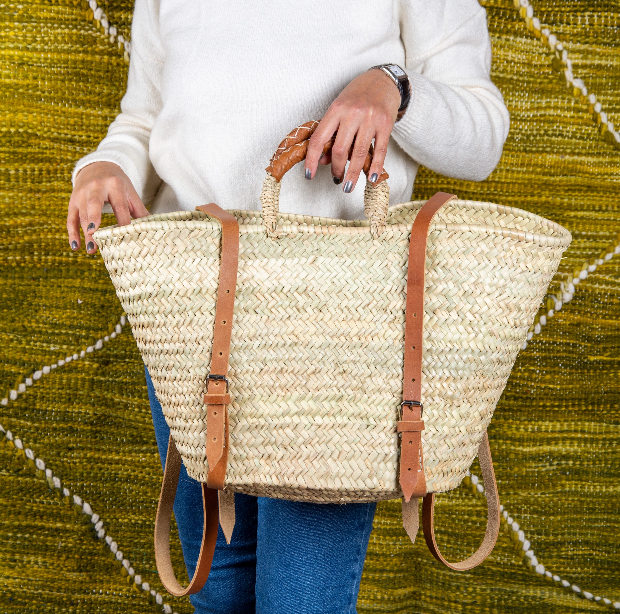 Sac à dos panier en palmier doum avec lanières en cuir - Green Doum - photo 2