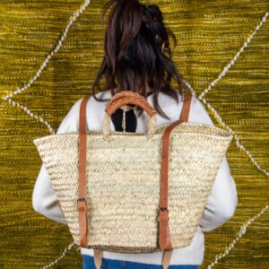 Sac à dos panier en palmier doum avec lanières en cuir - Green Doum