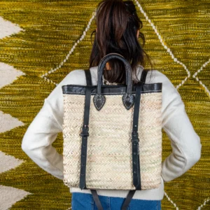 Marrakech Straw Backpack with Leather Border - Green Doum