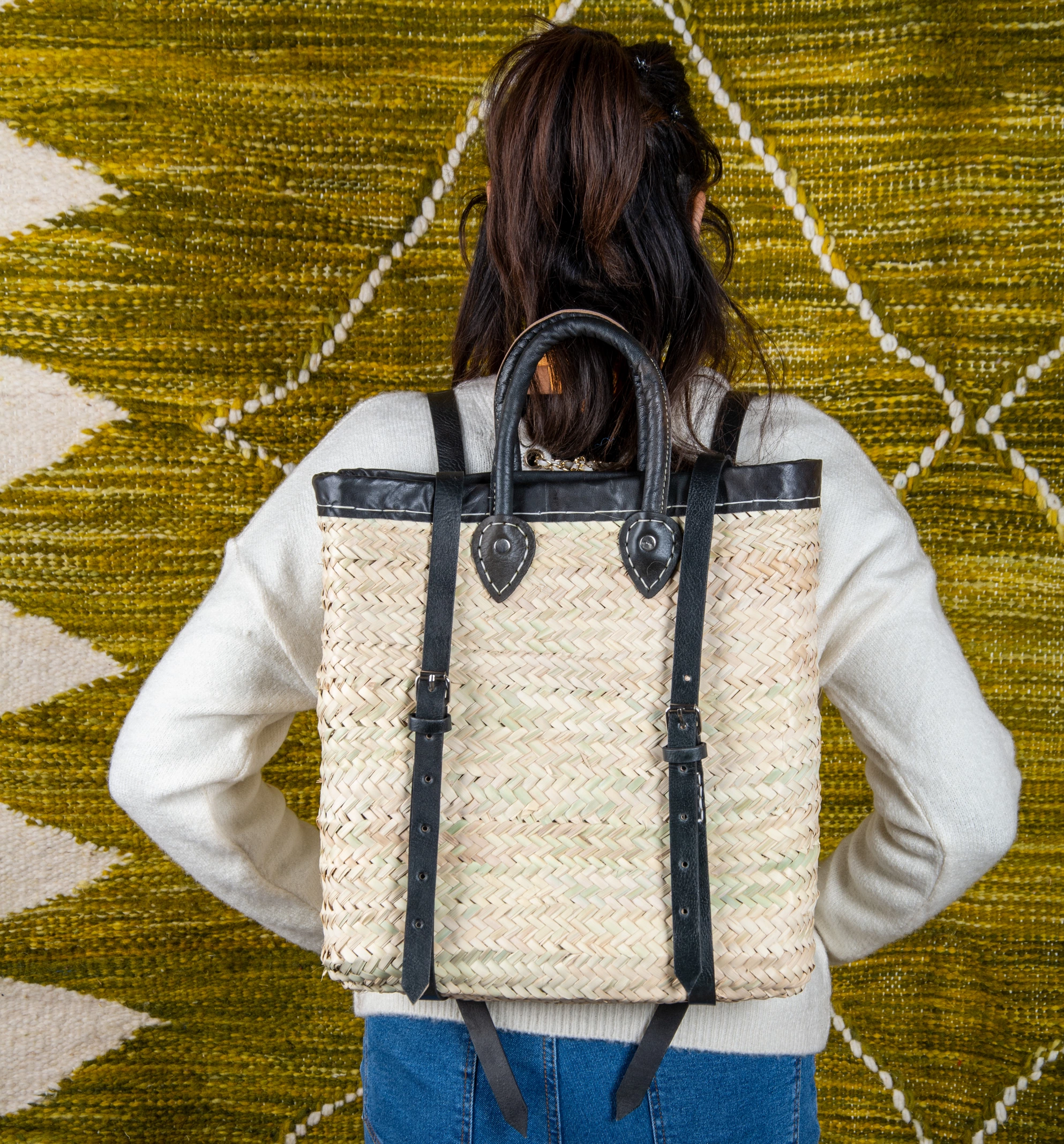 Marrakech Straw Backpack with Leather Border - Green Doum