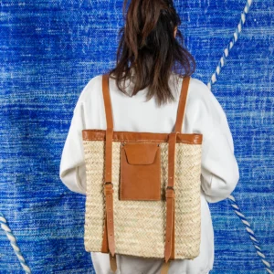 Marrakech Straw Backpack with Leather Pocket - Green Doum