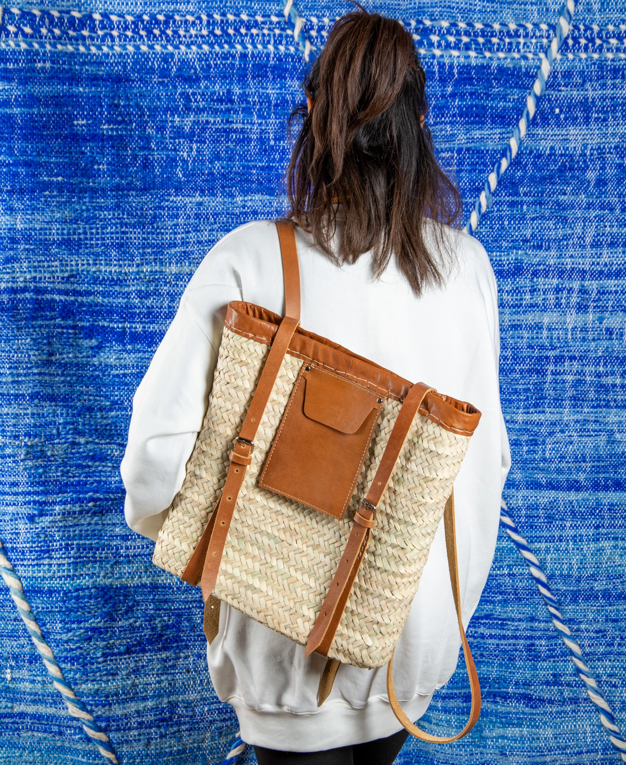 Marrakech Straw Backpack with Leather Pocket - view 2