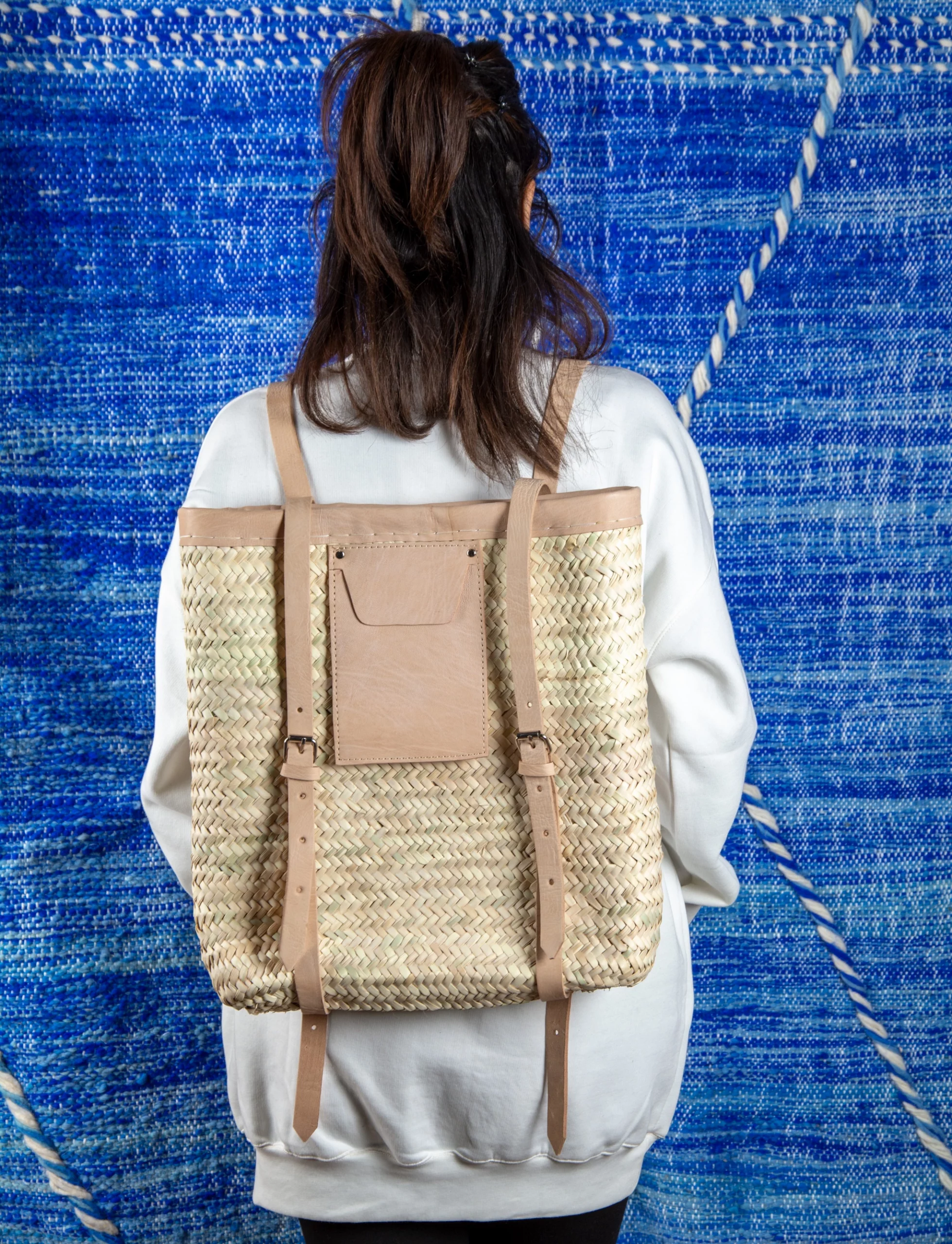 Marrakech Straw Backpack with Leather Pocket - view 5