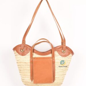 Panier en paille motif vagues et poche en cuir - Green Doum