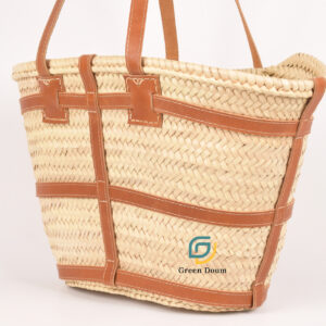 Large Straw Bag with Leather Lines and Long Flat Handle - Green Doum