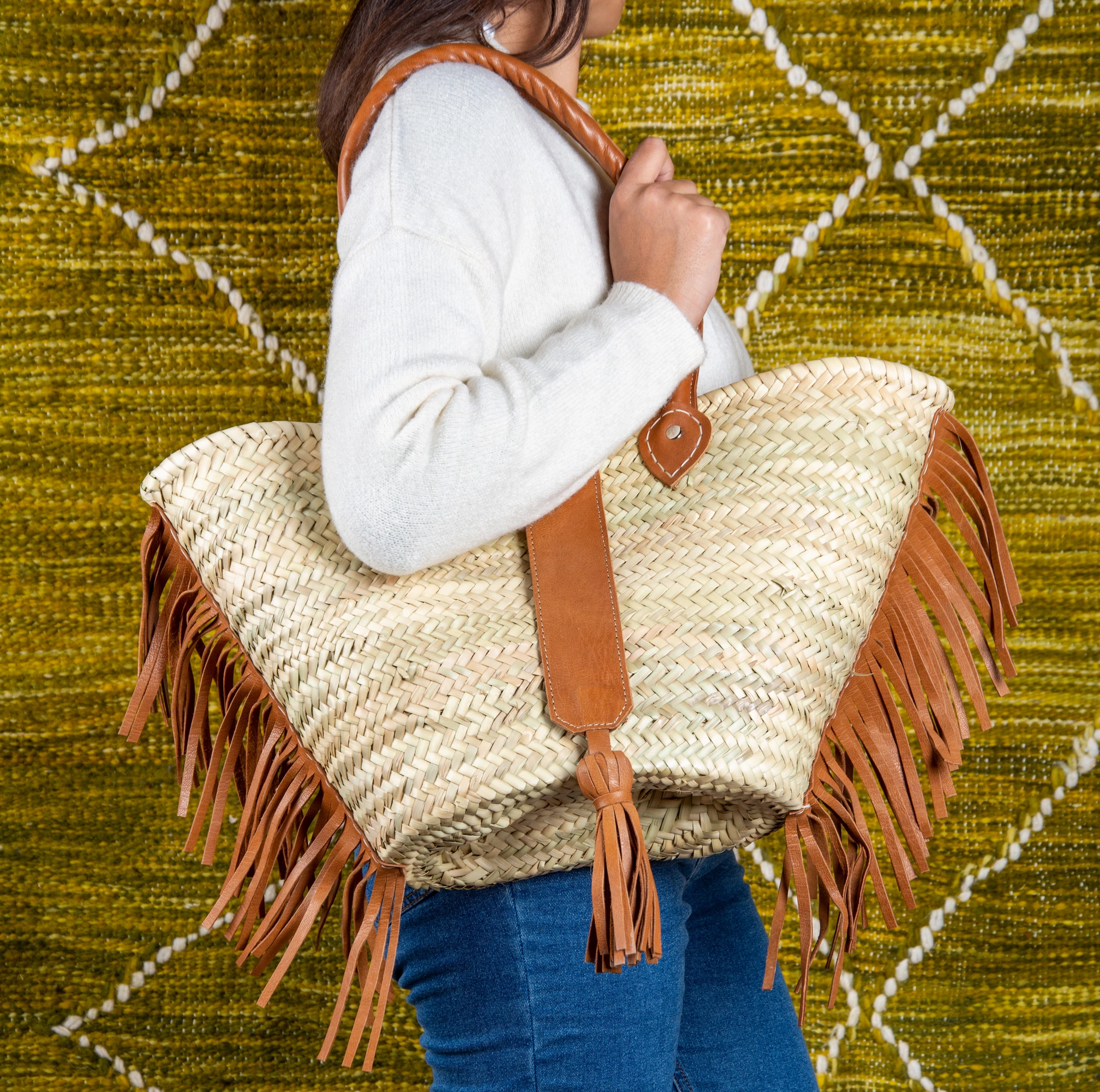 Sac épaule en paille, franges en cuir et pampille - Green Doum - photo 2