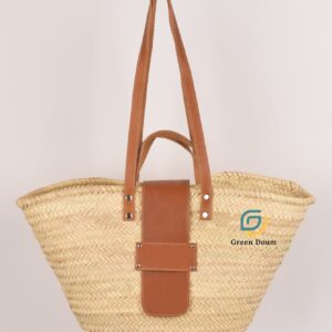 Grand panier en paille avec fermeture en cuir - Green Doum