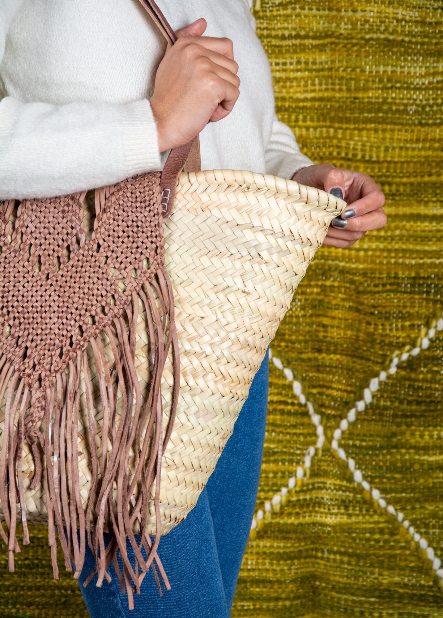 Sac en paille avec fermeture en cuir tressé - Green Doum - photo 2