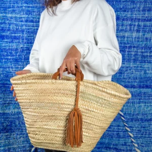 Straw Basket with Braided Short Handle and Leather Tassel - Green Doum