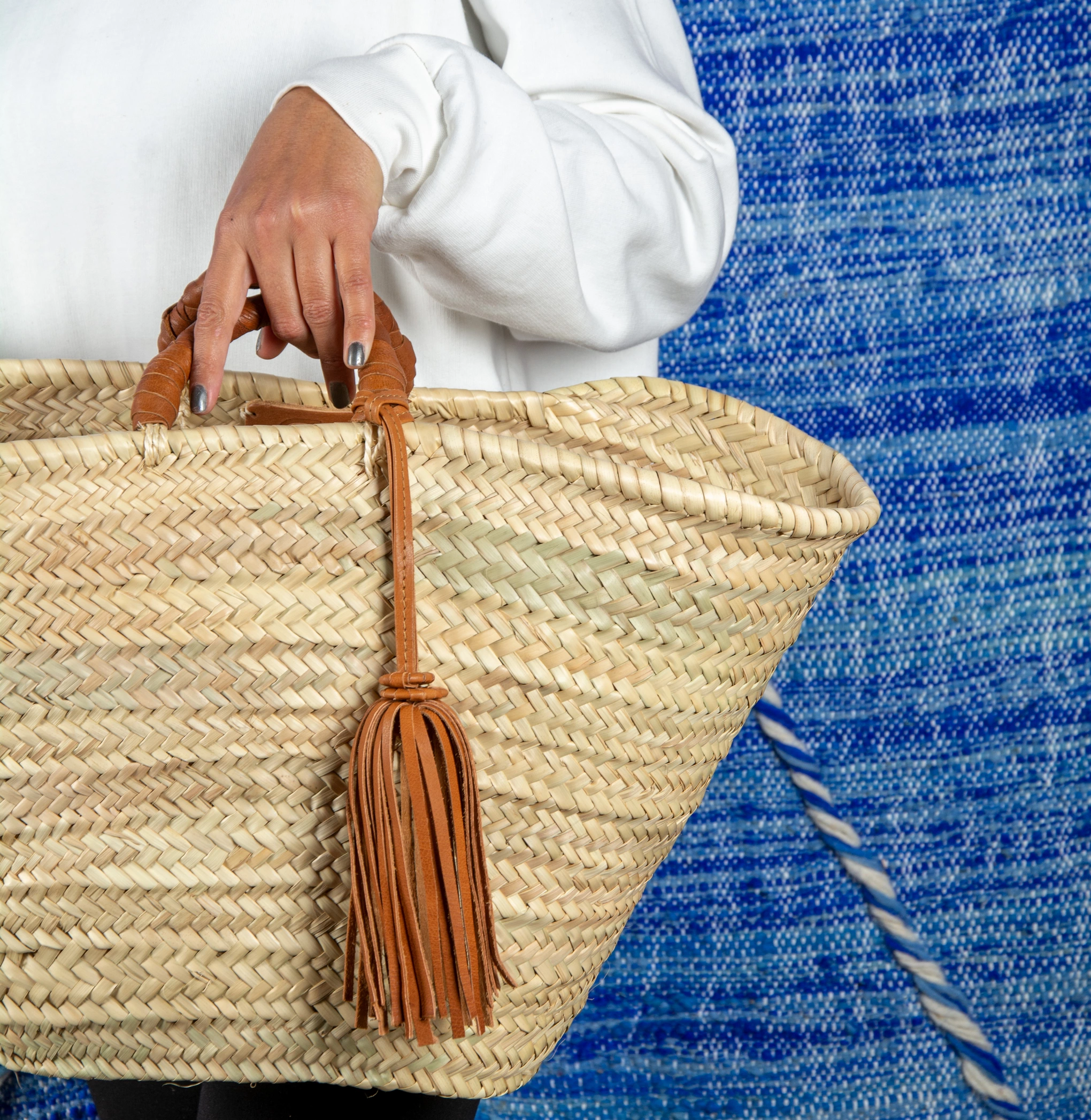 Straw Basket with Braided Short Handle and Leather Tassel - view 2