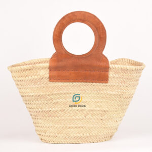 Simple Straw Basket with Flat and Round Leather Handles - Green Doum