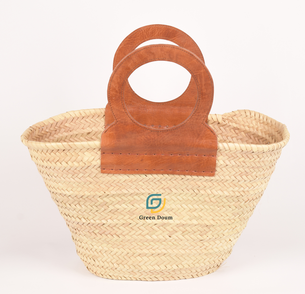 Simple Straw Basket with Flat and Round Leather Handles - view 2