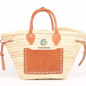 Grand panier en paille, poche en cuir et anse courte - Green Doum