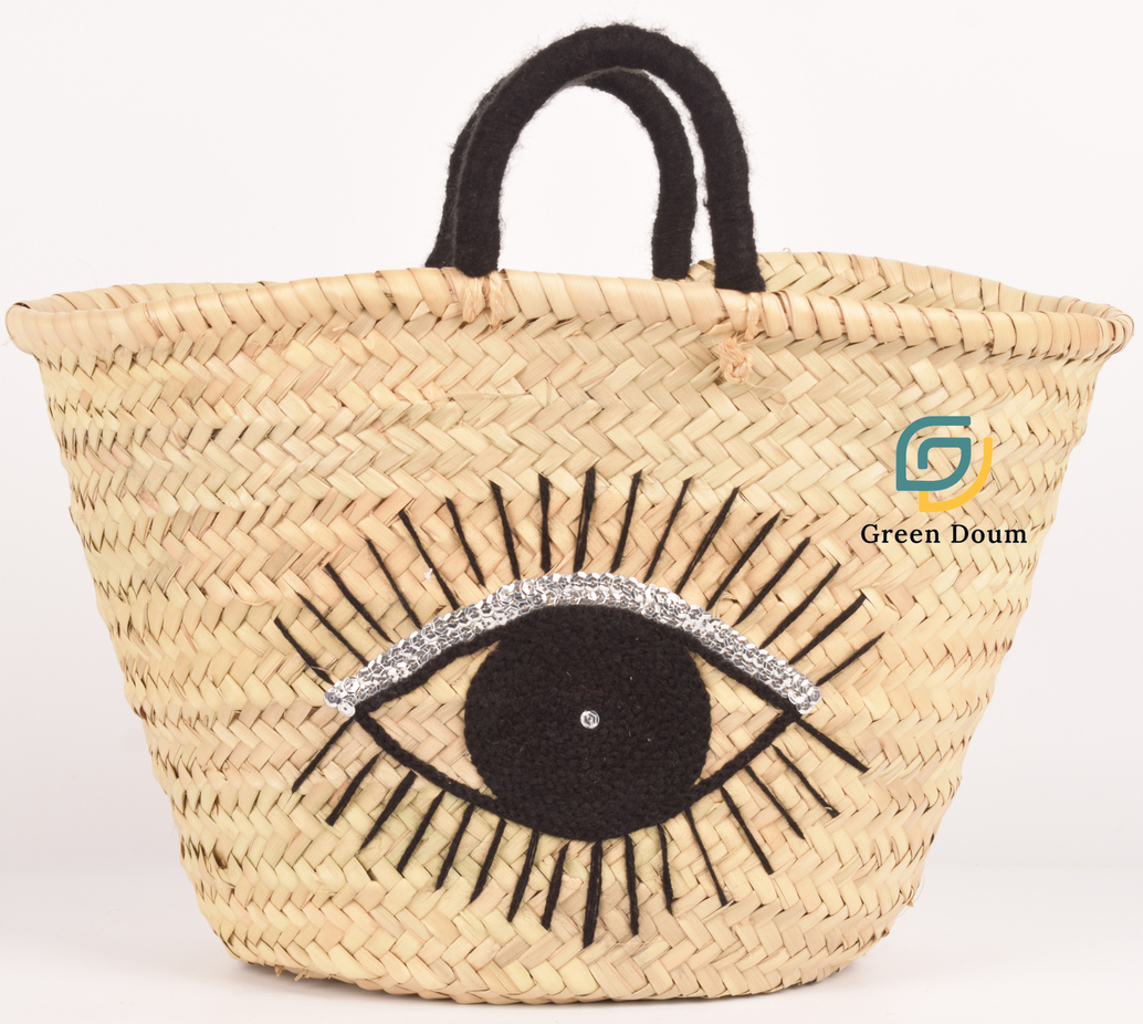 Panier en paille Aicha, motif œil et anses en laine - Green Doum - photo 5
