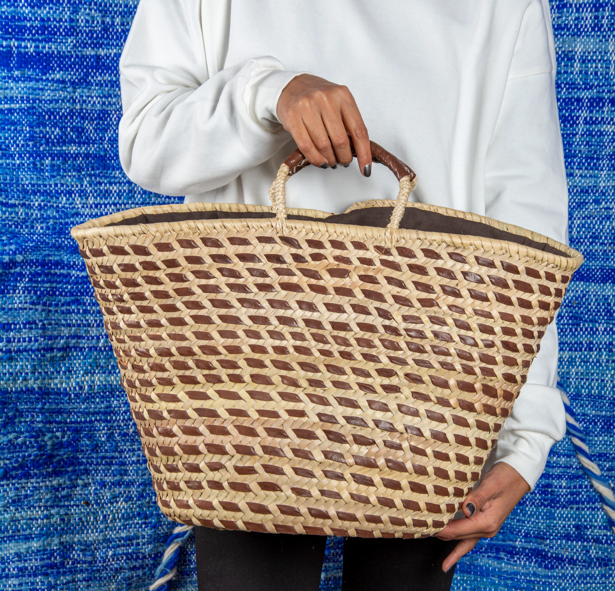 Straw Basket with Woven Leather Design - Green Doum