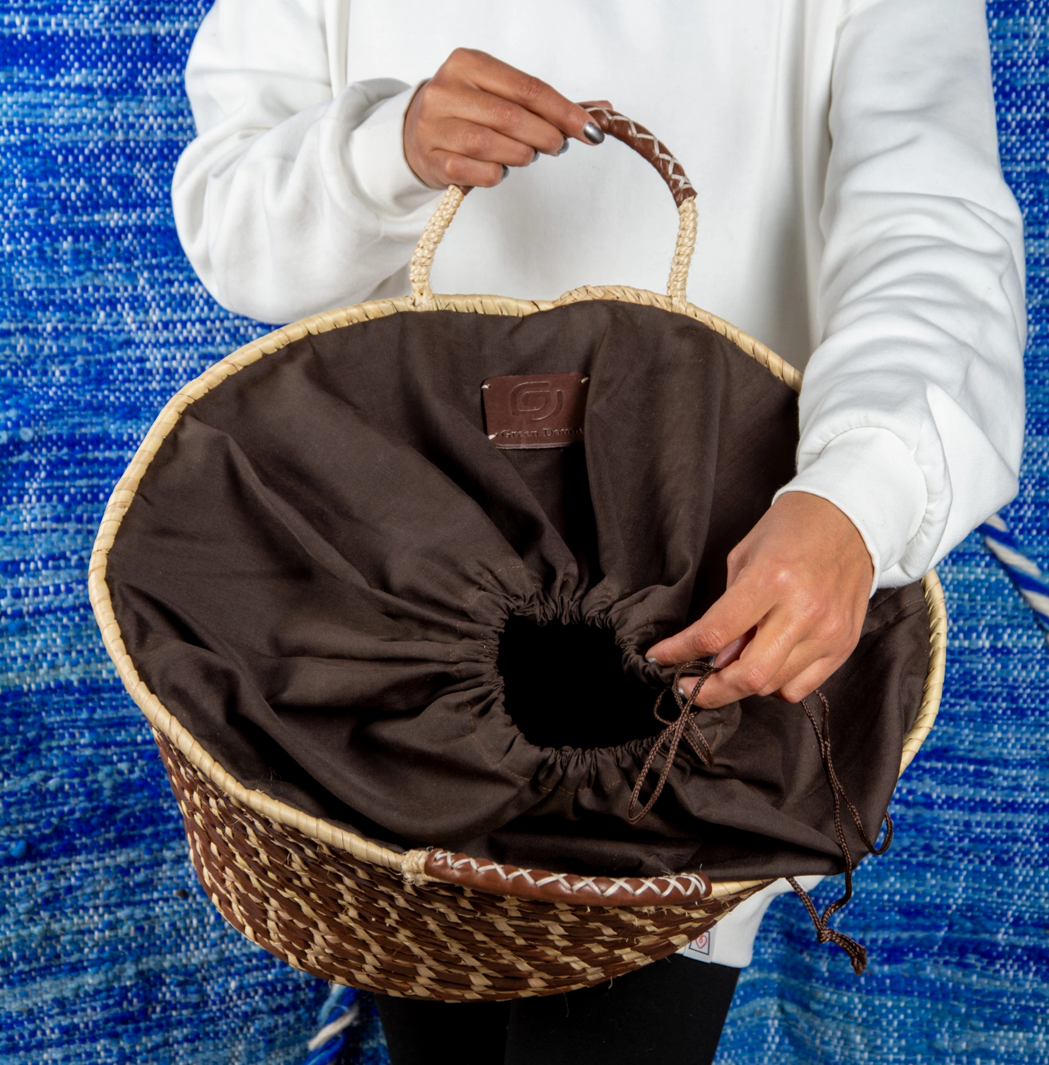 Straw Basket with Woven Leather Design - view 4