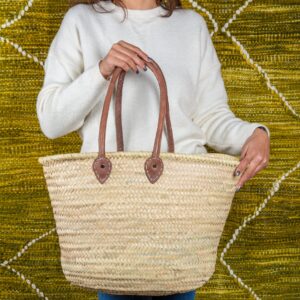 Panier épaule en paille avec anse en cuir - Grand - Green Doum