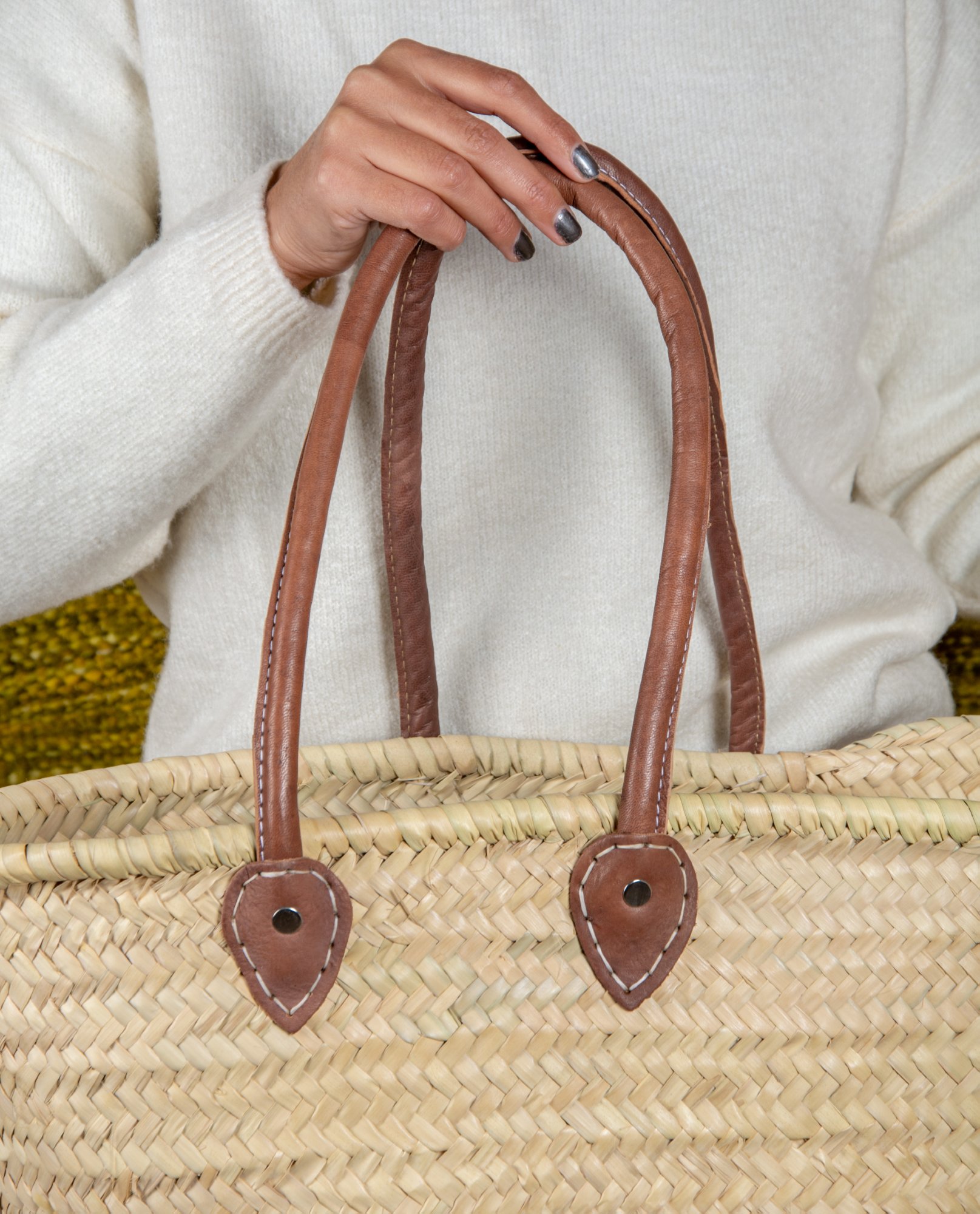 Panier épaule en paille avec anse en cuir - Grand - Green Doum - photo 2