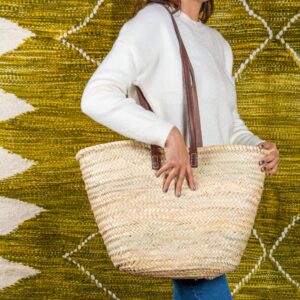 Panier de plage en paille, anses plates en cuir - Green Doum