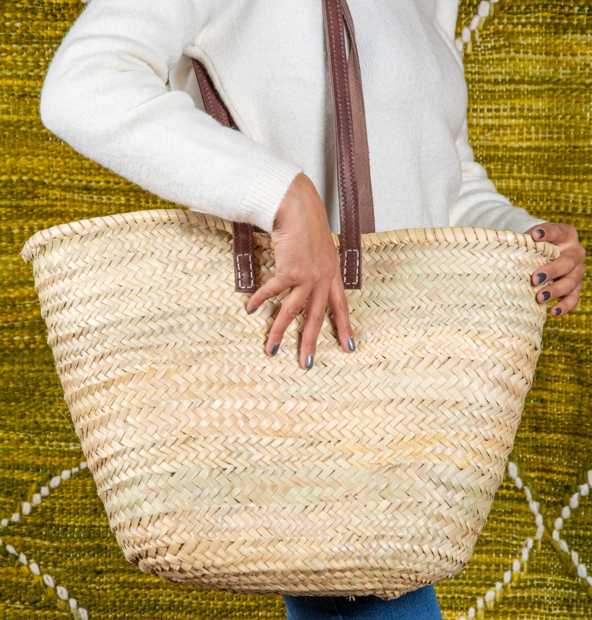 Panier de plage en paille, anses plates en cuir - Green Doum - photo 2