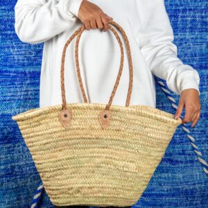 Panier épaule en paille, anse en cuir tressé - Grand - Green Doum