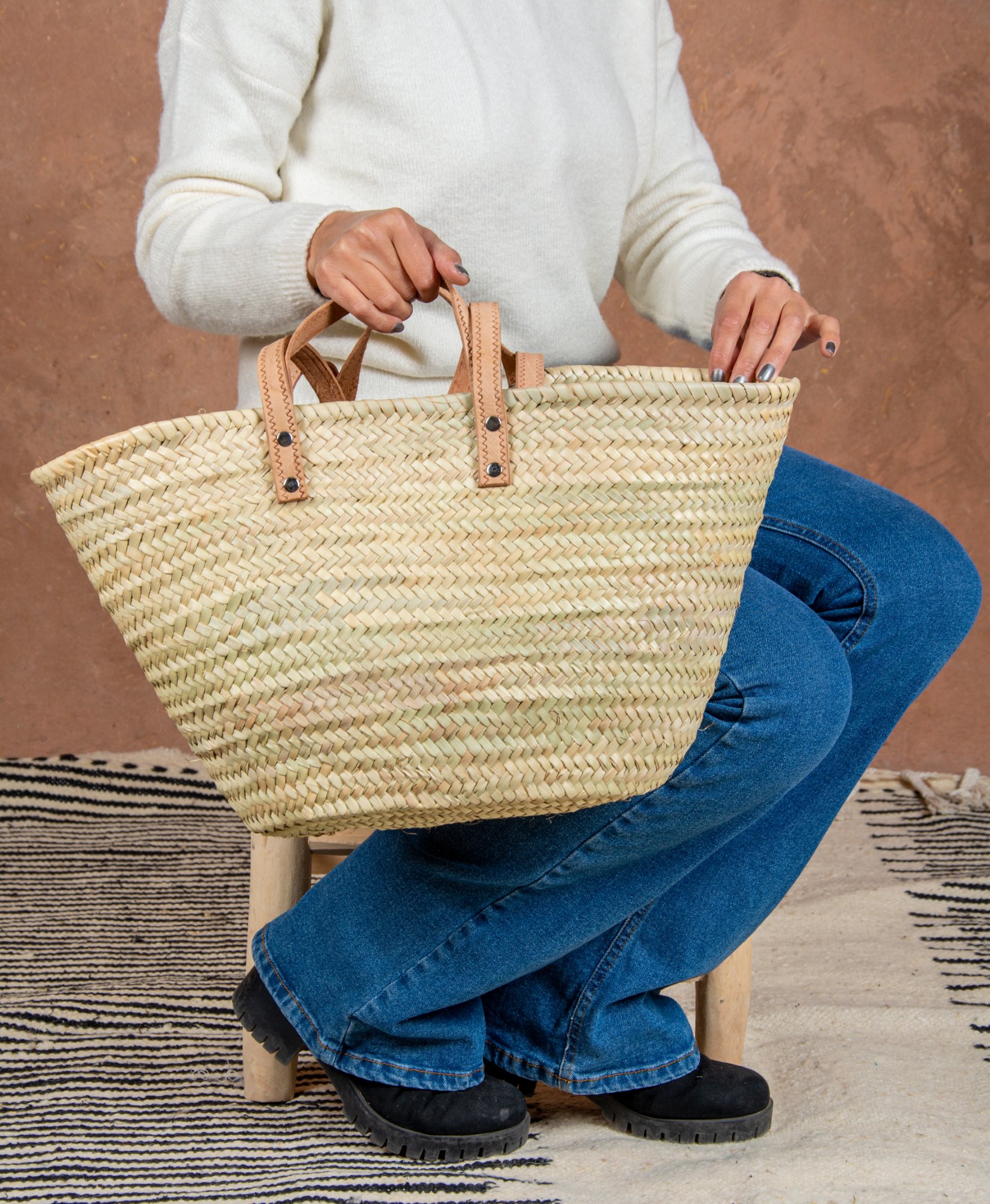 Panier style osier avec doubles anses en cuir - Green Doum - photo 3