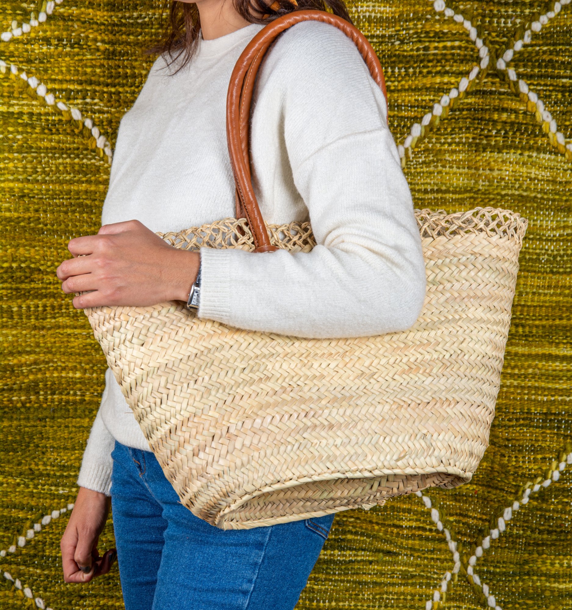 Panier épaule en paille à bord ajouré et anses en cuir - Green Doum - photo 4