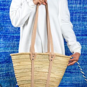 Panier de plage en paille, longues bandoulières en cuir - Green Doum