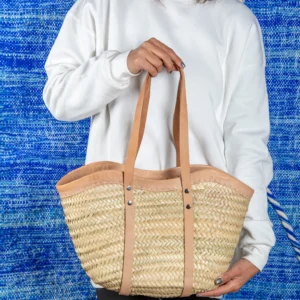 Straw Beach Basket with Wave Design - Green Doum