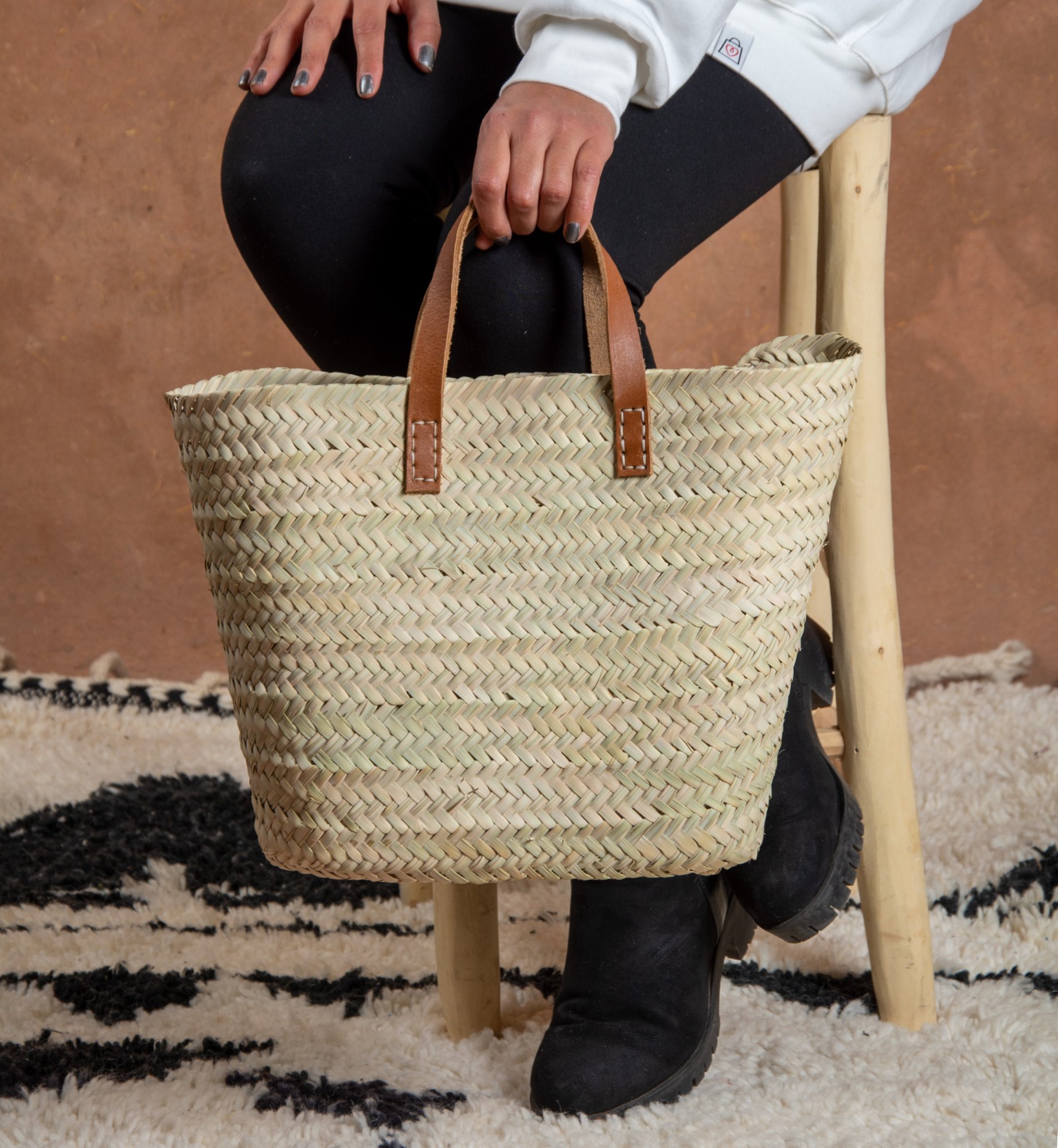 Panier marrakech avec anses plates en cuir par Green Doum