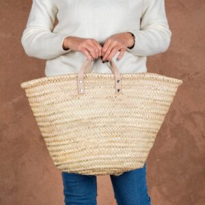 Panier de courses en paille, anses plates en cuir - Green Doum