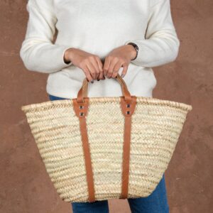 Panier à serviette en paille, anses courtes en cuir - Green Doum