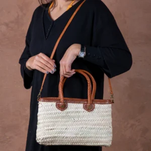 Marrakech Straw Zipper Bag with Leather Handles - Green Doum