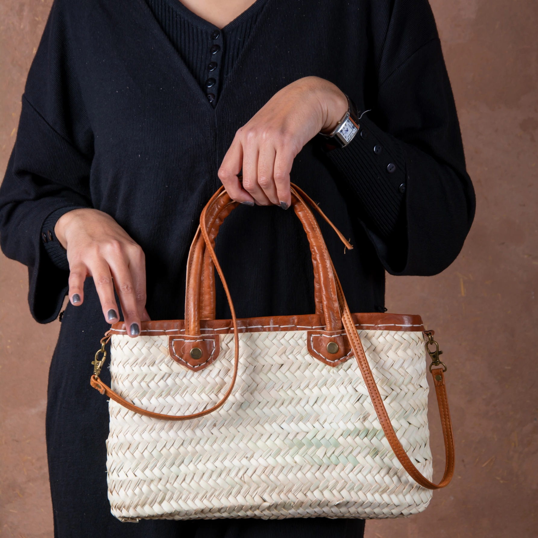 Marrakech Straw Zipper Bag with Leather Handles - view 3