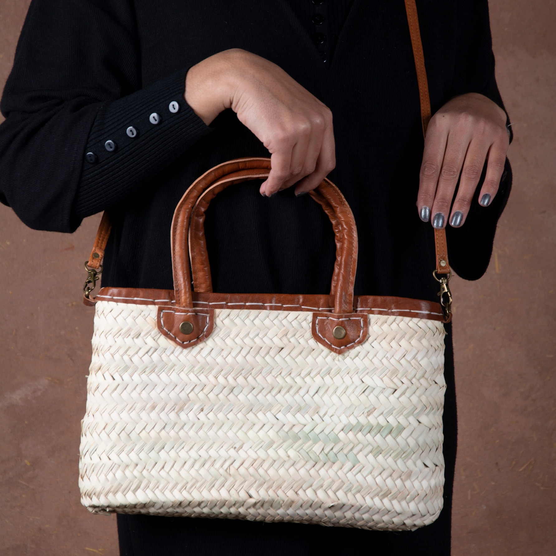 Marrakech Straw Zipper Bag with Leather Handles - view 5