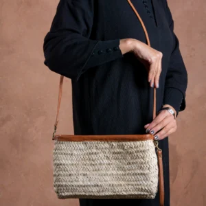 Marrakech Straw Bag with Zipper and Shoulder Strap - Green Doum