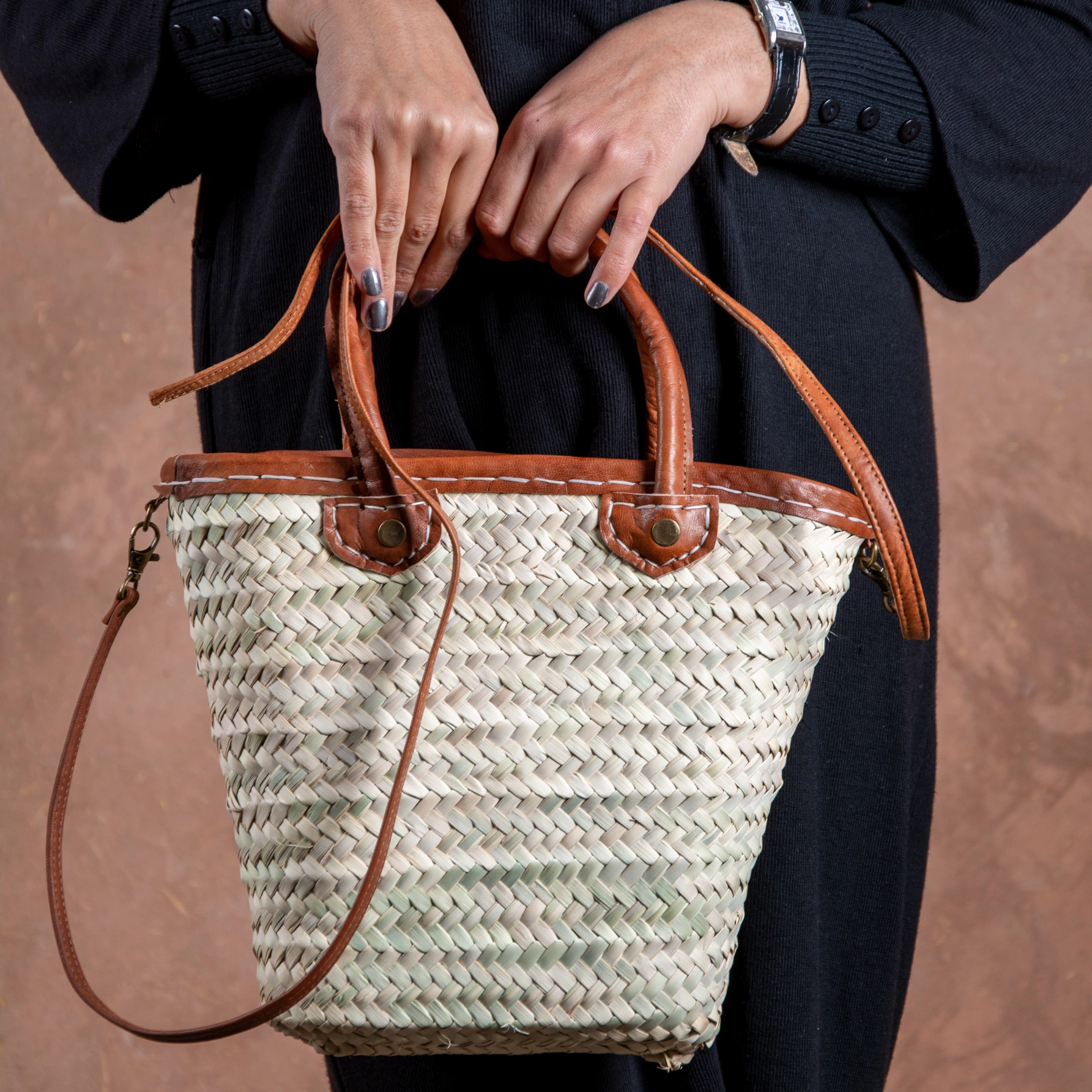 Small Straw Bag with Zip Top and Shoulder Strap - view 2