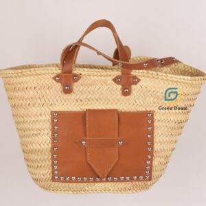 Grand sac en paille avec poche et lanière en cuir - Green Doum
