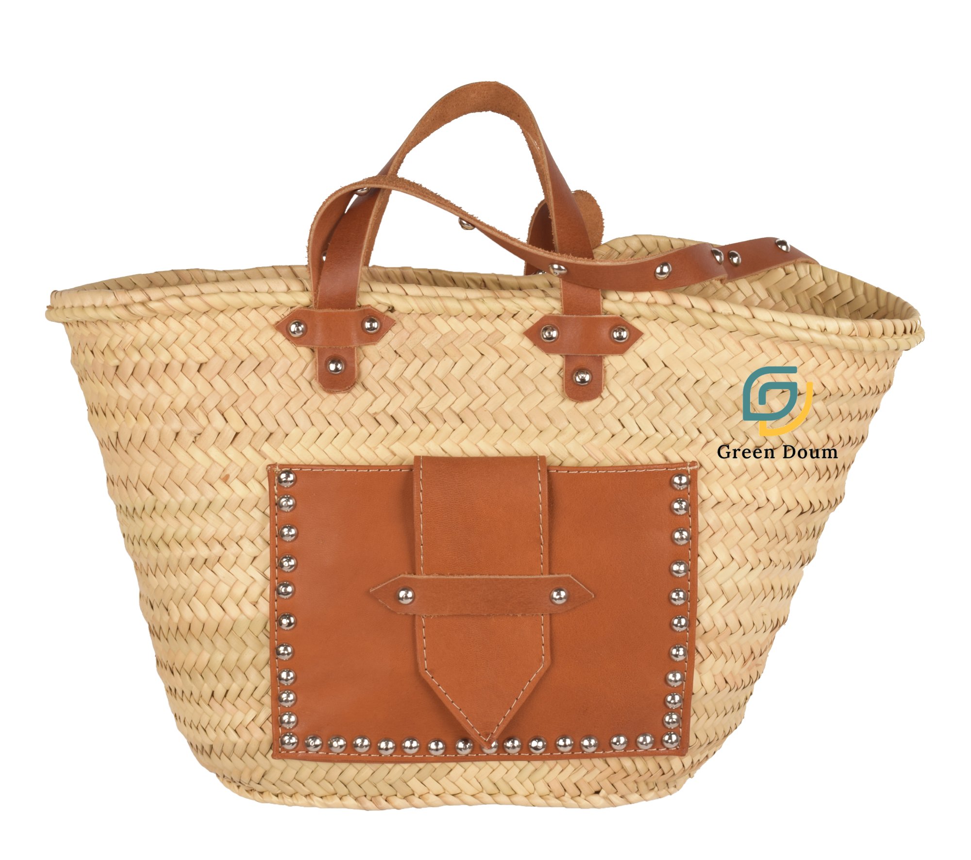 Grand sac en paille avec poche et lanière en cuir - Green Doum - photo 2