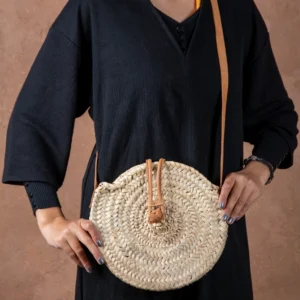 Sac rond bandoulière en paille, fermeture à boucle en cuir - Green Doum