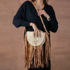 Bohemian Straw Crossbody Bag with Long Leather Fringe - Green Doum